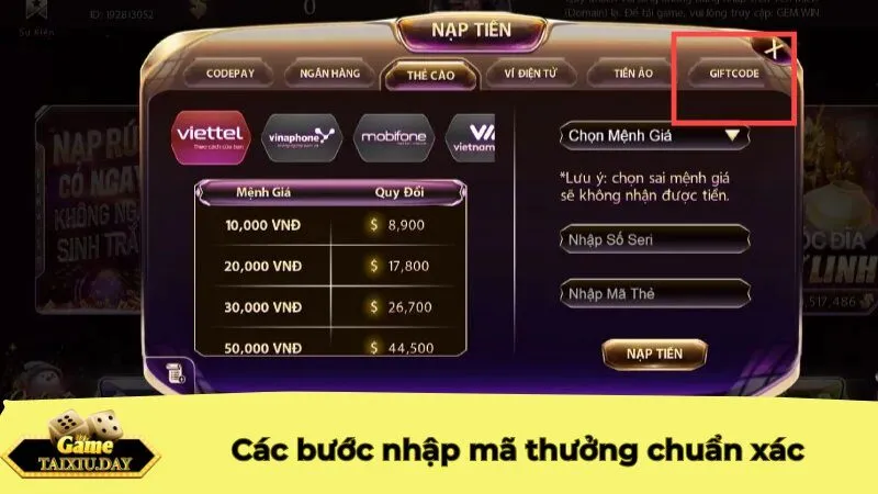 Các bước nhập mã thưởng chuẩn xác